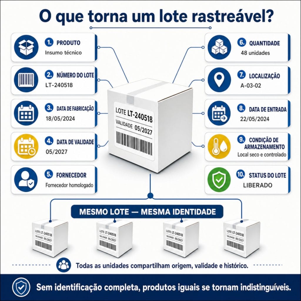 Infográfico apresenta produto, lote, fabricação, validade, fornecedor, quantidade, localização, entrada, armazenamento e status necessários para rastrear um lote.