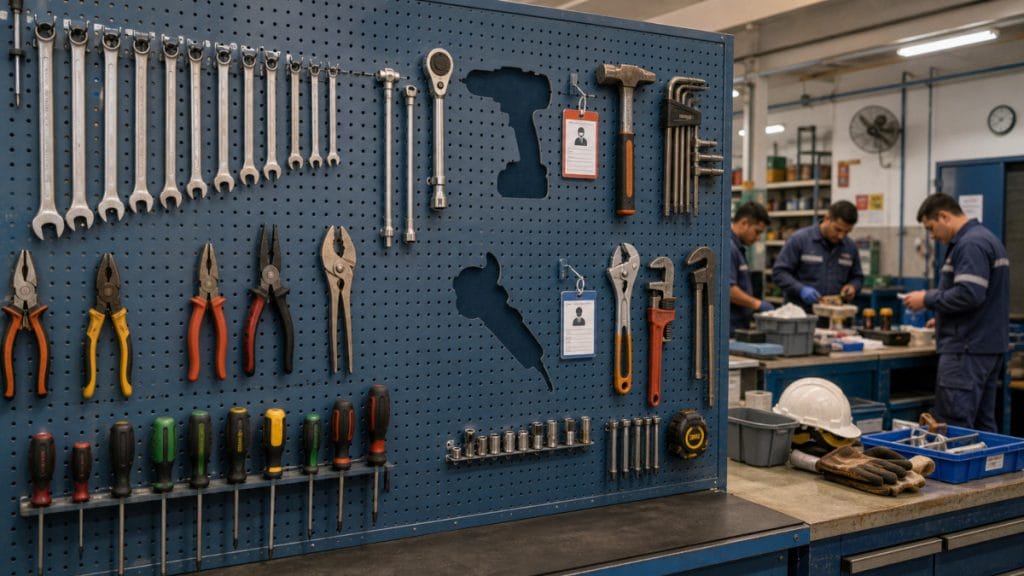 Painel organizado mostra ferramentas disponíveis e espaços de itens emprestados com identificação de controle.