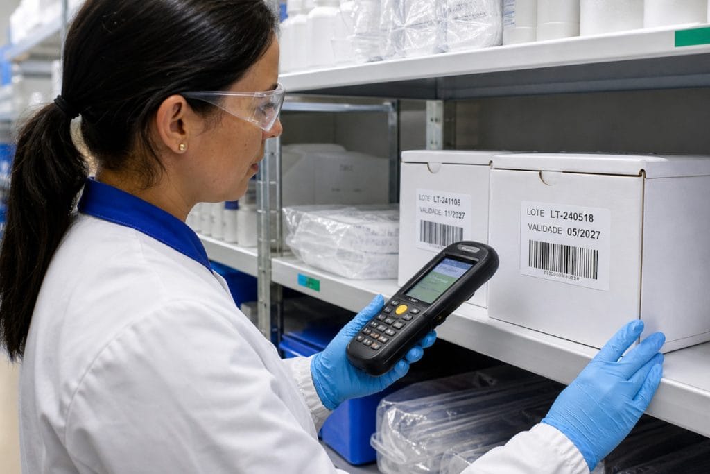 Profissional confere com coletor móvel caixas do mesmo produto identificadas por lotes e validades diferentes.