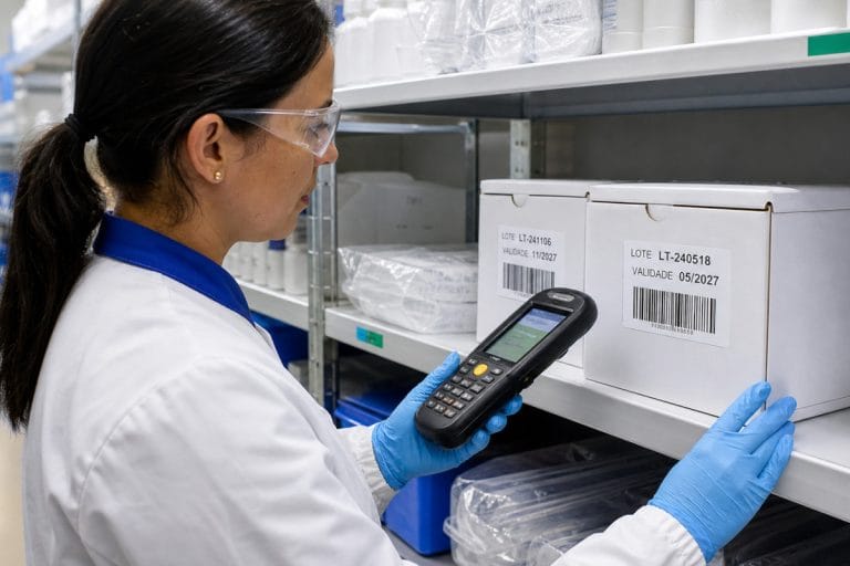 Profissional confere com coletor móvel caixas do mesmo produto identificadas por lotes e validades diferentes.