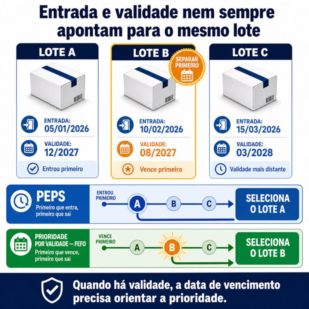Infográfico compara três lotes e mostra que o PEPS seleciona o lote A, enquanto o FEFO prioriza o lote B por vencer primeiro.
