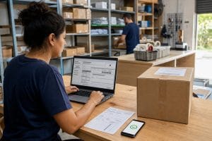 Profissional confere os dados fiscais de uma venda enquanto o pedido aguarda expedição.