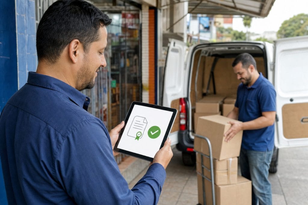 Profissional acompanha pelo tablet a emissão de uma nota fiscal durante uma operação externa.