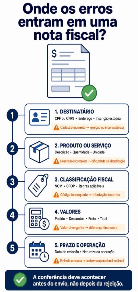 Infográfico apresenta cinco pontos de conferência antes da emissão de uma nota fiscal: destinatário, produto, classificação fiscal, valores e prazo da operação.