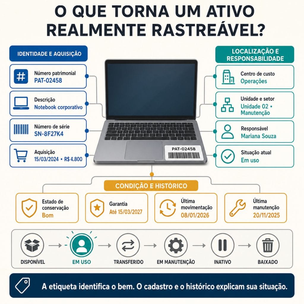 Infográfico apresenta os dados de identificação, aquisição, localização, responsabilidade, condição e histórico necessários para rastrear um ativo.