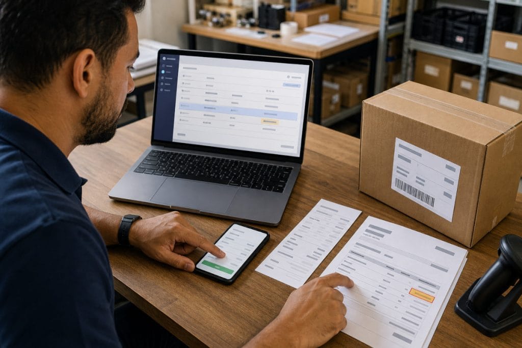 Profissional consulta planilha, pedido e comprovante para preencher manualmente uma nota fiscal.