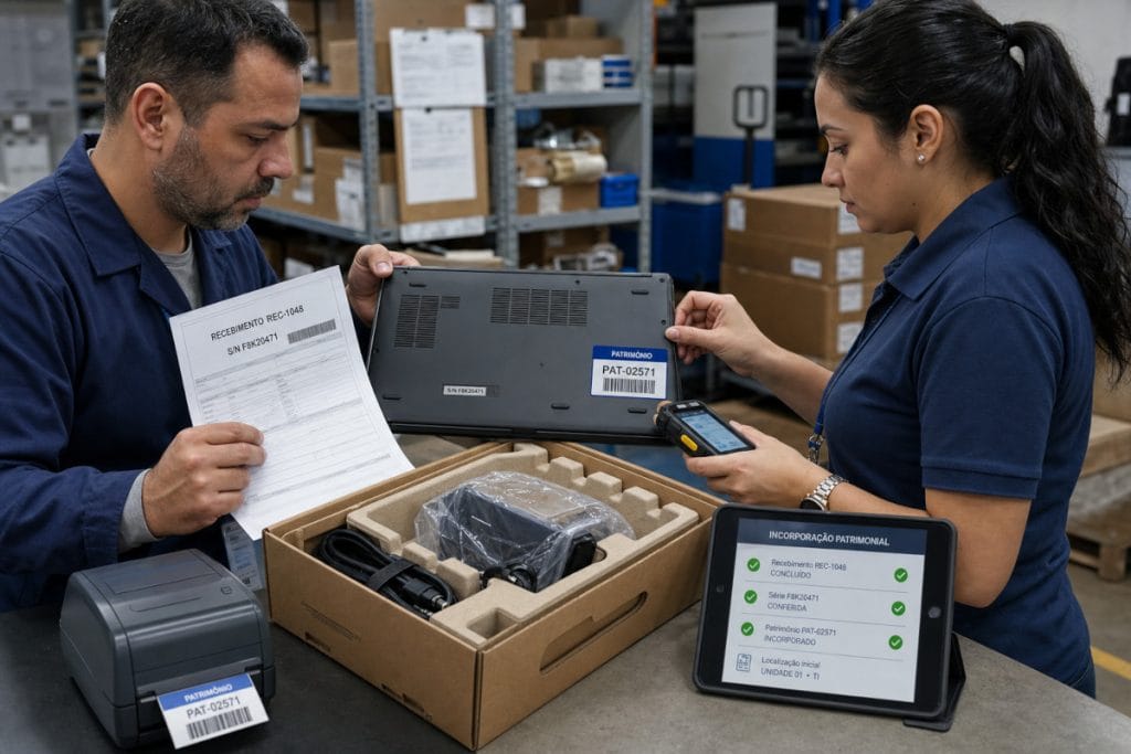 Almoxarife e profissional do patrimônio registram e identificam um equipamento recém-recebido.