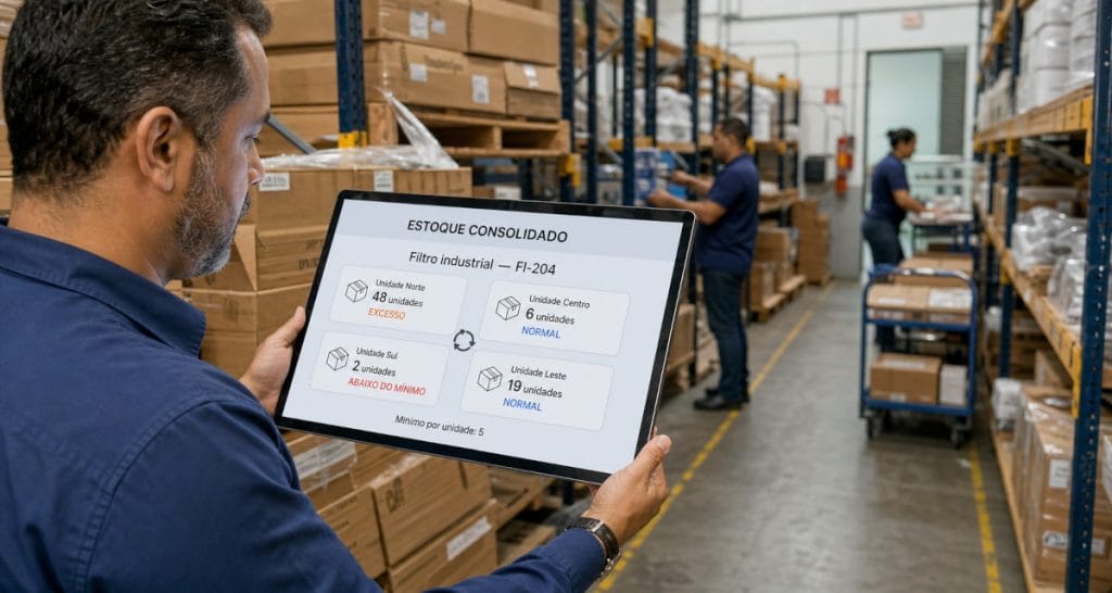 Gestor consulta os saldos de materiais disponíveis em diferentes unidades da empresa.
