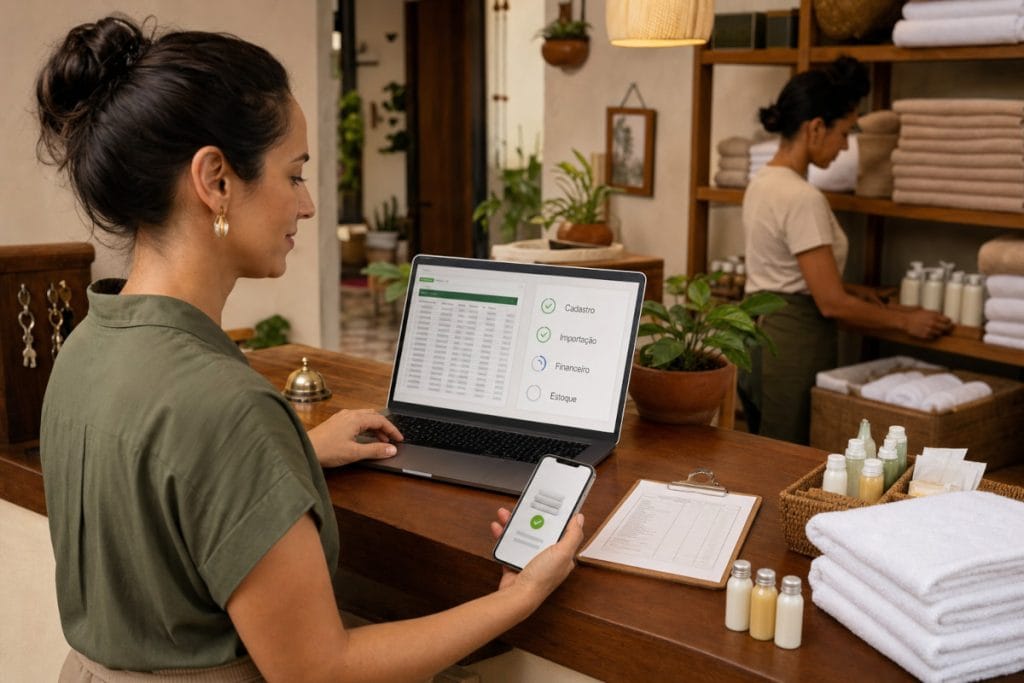 Gestora de uma pequena pousada configura um ERP online enquanto acompanha materiais e atividades da operação