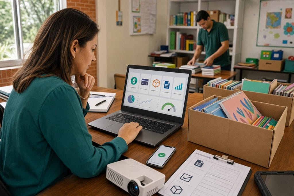 Gestora de uma escola avalia um sistema de gestão enquanto acompanha materiais, pagamentos e atividades administrativas.