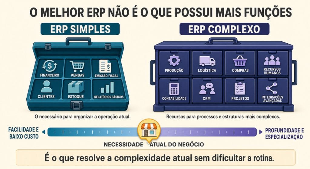Infográfico compara ERP simples e ERP complexo, mostrando que a escolha deve considerar as necessidades atuais e o nível de especialização do negócio.