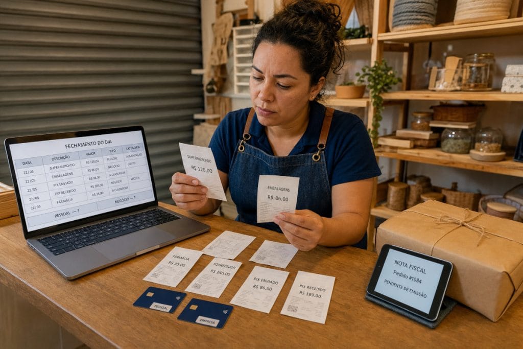 Microempreendedora organiza recibos e movimentações pessoais e empresariais durante o fechamento financeiro.