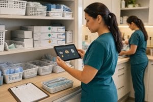 Profissional confere insumos de uma clínica enquanto identifica materiais próximos da validade e itens com estoque baixo