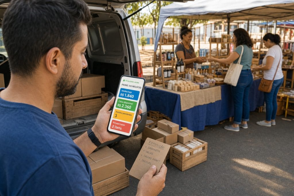 Microempreendedor consulta pelo celular informações atualizadas de vendas e estoque do seu negócio.