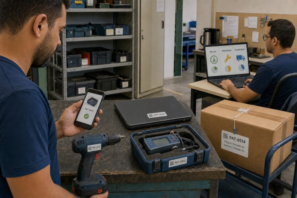 Ferramentas, equipamentos técnicos e ativos de TI são controlados por etiquetas patrimoniais com QR Code.