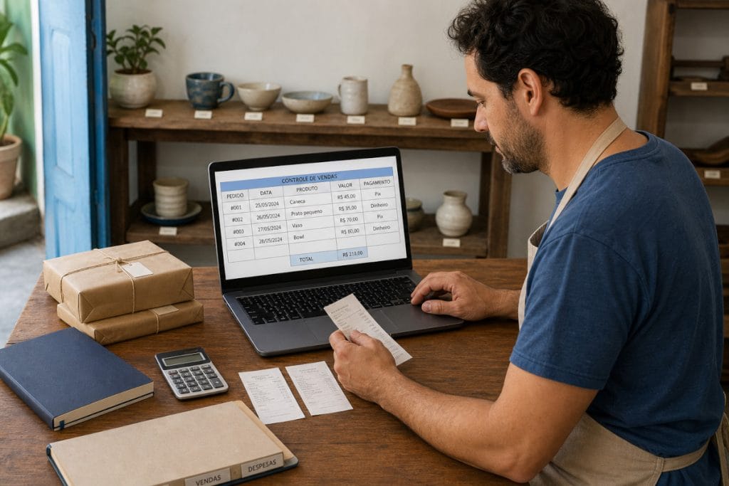 Microempreendedor atualiza uma planilha organizada em uma pequena operação com baixo volume de vendas.