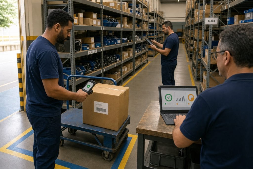 Equipe registra movimentações e confere materiais identificados em um almoxarifado organizado.